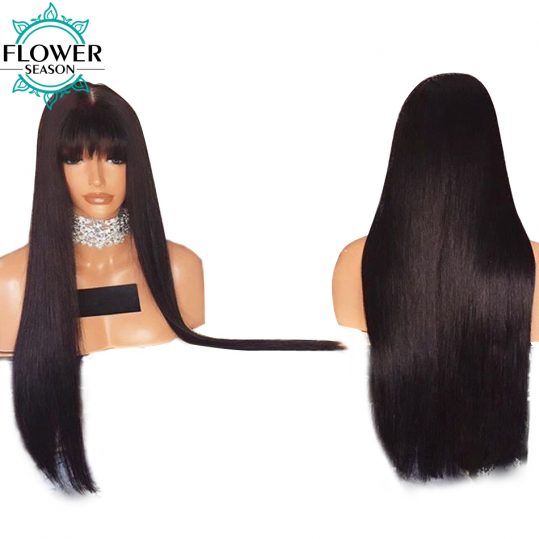 FlowerSeason Straight Glueless Brazilian Full Lace Human Hair Wigs With Bangs Non-Remy Hair For Black Woman 130% Density