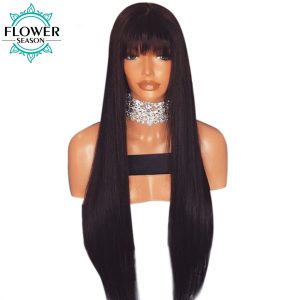 FlowerSeason Straight Glueless Brazilian Full Lace Human Hair Wigs With Bangs Non-Remy Hair For Black Woman 130% Density
