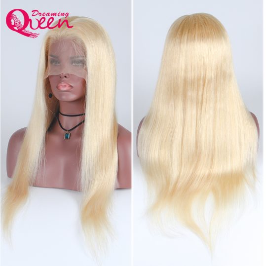 Dreaming Queen Hair #613 Full Lace Human Hair Wig Brazilian Remy Silky Straight Hair 130% Density Pure Blonde Wig 100% Hand Tied