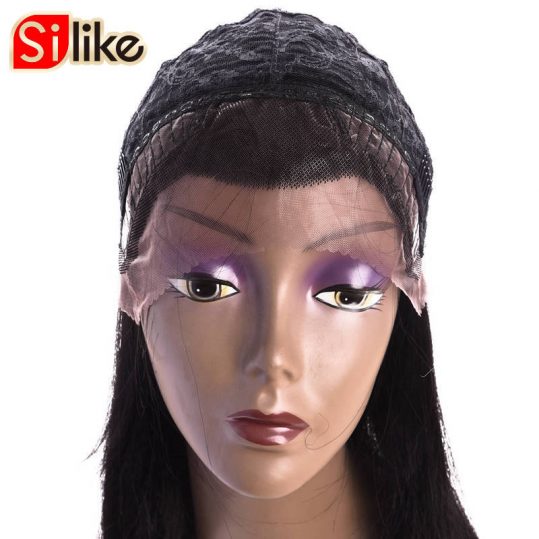 Silike 16 inch Natural Black Straight Lace Frontal Synthetic Wigs for Black Women High Temperature Fiber With Adjustable Bandage