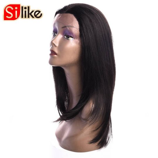 Silike 16 inch Natural Black Straight Lace Frontal Synthetic Wigs for Black Women High Temperature Fiber With Adjustable Bandage