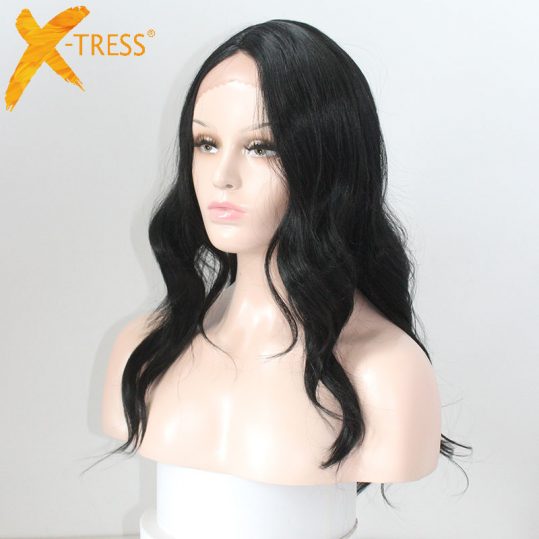 X-TRESS Long Body Wave Side Parting 24" Ombre Hair Glueless Heat Resistant Lace Front Synthetic Wigs For Afro Black Women 9color