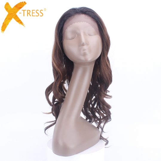 XTRESS Brown Dark Roots Ombre Color Heat Resistant Kanekalon Fiber Baby Hair Long Bouncy Curly Glueless Synthetic Lace Front Wig