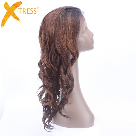 XTRESS Brown Dark Roots Ombre Color Heat Resistant Kanekalon Fiber Baby Hair Long Bouncy Curly Glueless Synthetic Lace Front Wig