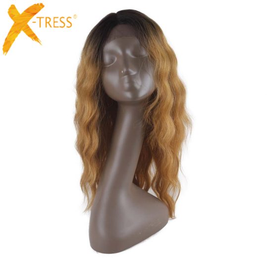 X-TRESS Glueless Long Wavy Swiss Black Ombre Golden Synthetic Lace Front Wig Heat Resistant Natural Hairline Hair Wigs For Women