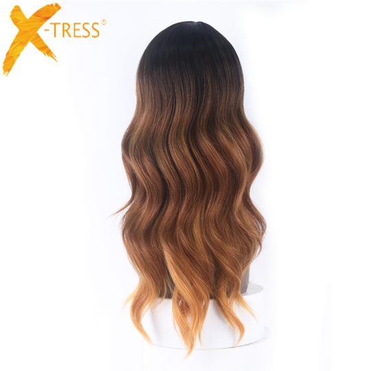 X-TRESS Ombre Dark Roots Pink Blonde Synthetic Lace Front Wig Side Parting Heat Resistant Natural Body Wave Wigs for Black Women