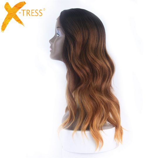 X-TRESS Ombre Dark Roots Pink Blonde Synthetic Lace Front Wig Side Parting Heat Resistant Natural Body Wave Wigs for Black Women