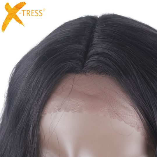 X-TRESS 22" Natural Wave Soft Long Black Glod Lace Front Wig Synthetic Hair Heat Resistant Fiber Wigs For Women Middle Parting