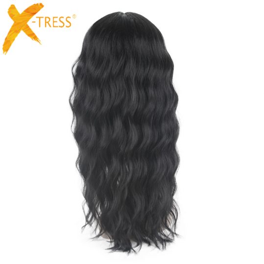 X-TRESS 22" Natural Wave Soft Long Black Glod Lace Front Wig Synthetic Hair Heat Resistant Fiber Wigs For Women Middle Parting
