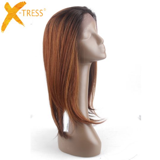X-TRESS Half Hand Machine Made Wigs Brown Ombre Dark Roots Color Heat Resistant Kanekalon Straight Long Synthetic Lace Front Wig