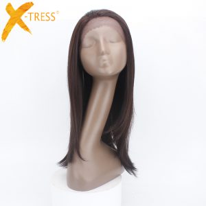 X-TRESS Straight Kanekalon Heat Resistant Fiber Brown Ombre Dark Roots Color Free Part Glueless Long Synthetic Lace Front Wig