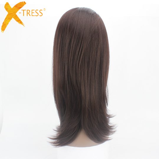 X-TRESS Straight Kanekalon Heat Resistant Fiber Brown Ombre Dark Roots Color Free Part Glueless Long Synthetic Lace Front Wig