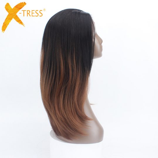 X-TRESS Straight Brown Ombre Synthetic Wigs Kanekalon Lace Front Heat Resistant Hair #TT2-30 Free Parting 26 inches Long Wigs