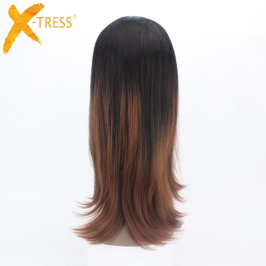X-TRESS Straight Brown Ombre Synthetic Wigs Kanekalon Lace Front Heat Resistant Hair #TT2-30 Free Parting 26 inches Long Wigs