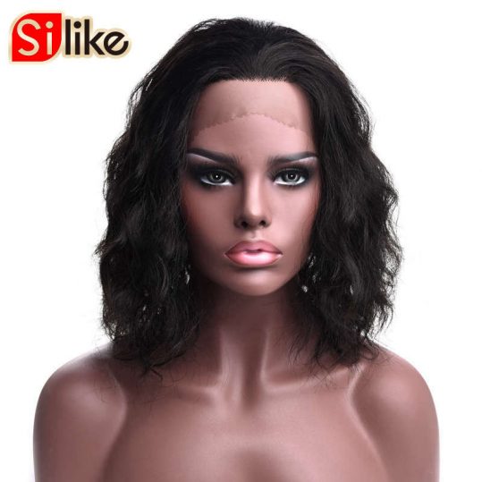 Silike Natural Black Lace Frontal Synthetic Medium Wig for Black Women High Temperature Fiber With Adjustable Bandage