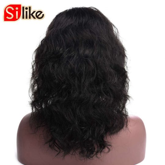 Silike Natural Black Lace Frontal Synthetic Medium Wig for Black Women High Temperature Fiber With Adjustable Bandage