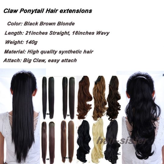 S-noilite 18 inches Long Ponytail Clip in Pony tail Hair Extensions Claw on Hair piece Wavy Black Brown Blonde Synthetic Fiber