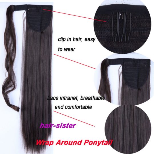 S-noilite 24'' Long Straight Synthetic Ponytail Wrap Around Clip In Ponytail Hair Extensions Heat Resistant Hair Tail
