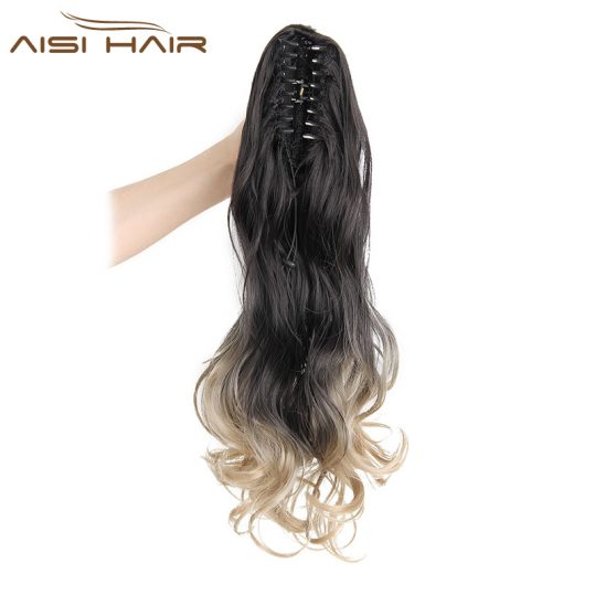 I's a wig 19 inches Long Ponytail Clip in Pony tail Hair Extensions Claw on Hair piece Wavy Ombre Synthetic Fiber