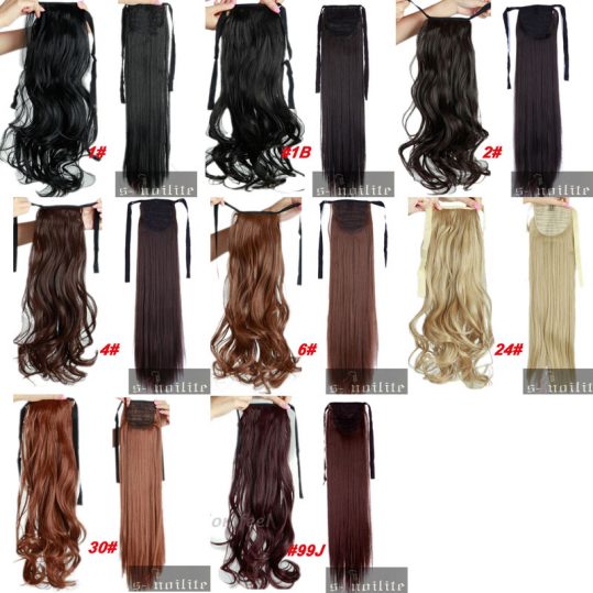 S-noilite Long Curly Ribbon Ponytail Synthetic Hair Clip in Hair Extension Hair Pieces Ribbon Wrap Around Black Brown Blonde