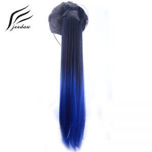 jeedou Clip On Hair Ponytails 22" Long Hair Extension Ombre Synthetic Hair Pony Tail Blue Pink Women's False Hair Extension