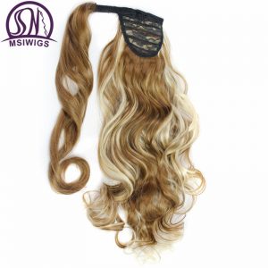 MSIWIGS False Hair Wrap On Magic Tape Synthetic Wavy Women's Ponytail Hairpieces Heat Resistant Natural Clip In Hair Extension