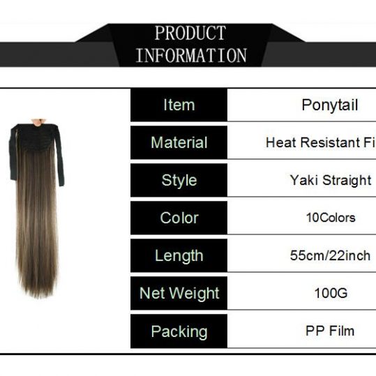 Soloowigs Yaki Straight Women Long High Temperature Fiber Synthetic Hair 100g Tails 22inch/55cm Clip-in Bundled Ponytails