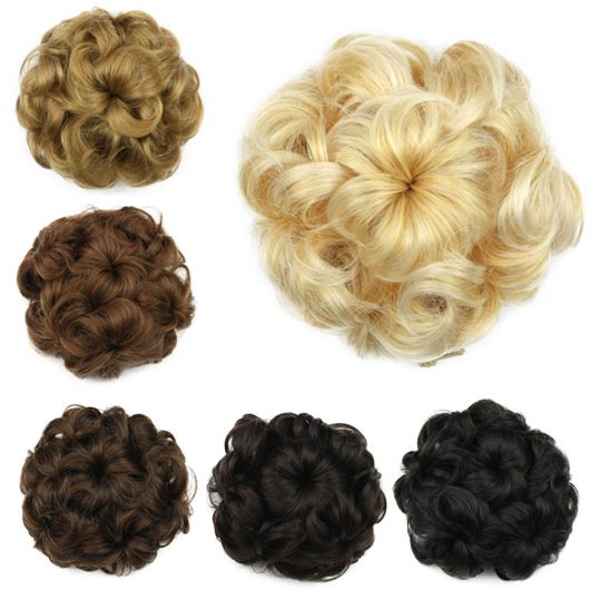 Soloowigs Curly Heat Resistant Fiber Women Rubber Band Black/Blonde/Brown Chignon Synthetic Hair Buns for Brides 8 Colors