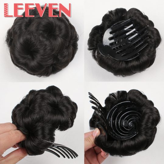 Leeven 9 hair flowers claw curly chignon bride hair bun accessories on ponytail hair piece synthetic fiber Clip in Elastic Fake