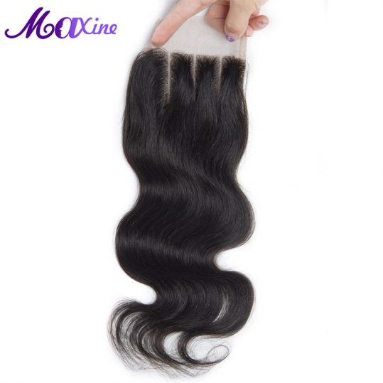 100% Remy Human Hair 4x4 Three Part with 130% Density Swiss Lace Body Wave Lace Closure Sew in Weave Maxine Hair Bleached Knots