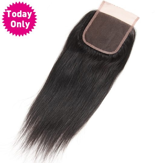 [TODAY ONLY] Brazilian Straight Hair Lace Closure With Baby Hair 100% Human Hair Bundles Natural Black Color Non Remy Hair