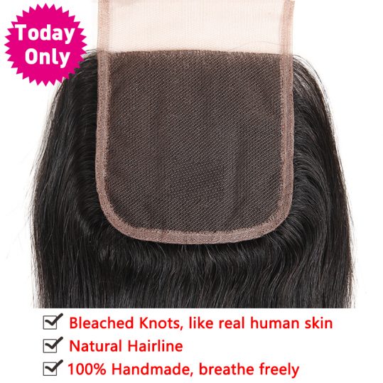 [TODAY ONLY] Brazilian Straight Hair Lace Closure With Baby Hair 100% Human Hair Bundles Natural Black Color Non Remy Hair