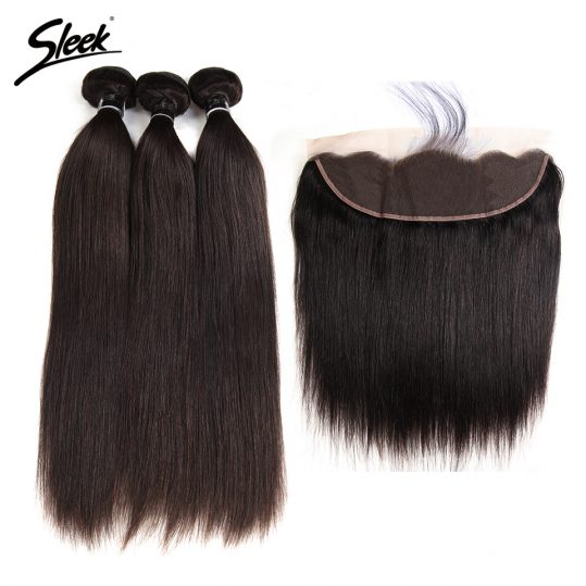 Sleek Hair Brazilian Straight Lace Frontal Closure With Bundles 4 Pcs Free Shipping Remy Human Hair Weave 3 Bundles With Closure