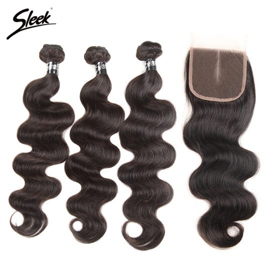 Sleek Brazilian Body Wave Hair With Lace Closure Middle Part 4 Pcs Free Shipping Remy Human Hair Weave 3 Bundles With Closure