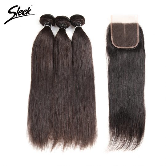 Sleek Brazilian Straight Hair With Lace Closure Middle Part 4 Pcs Natural Color Free Ship Remy Human Hair 3 Bundles With Closure
