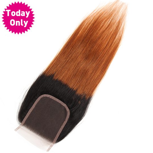 [TODAY ONLY] Ombre Brazilian Straight Hair Lace Closure With Baby Hair Two Tone Human Hair Bundles 1b 30 Non Remy Hair Extension