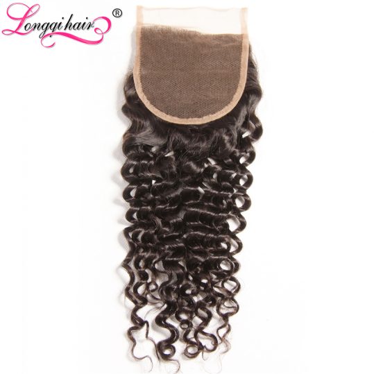 LONGQI HAIR Free Part 4x4 Cambodian Curly Closure Non-Remy Hair 10''-20'' Natural Blakc Human Hair 120% Density Free Shipping