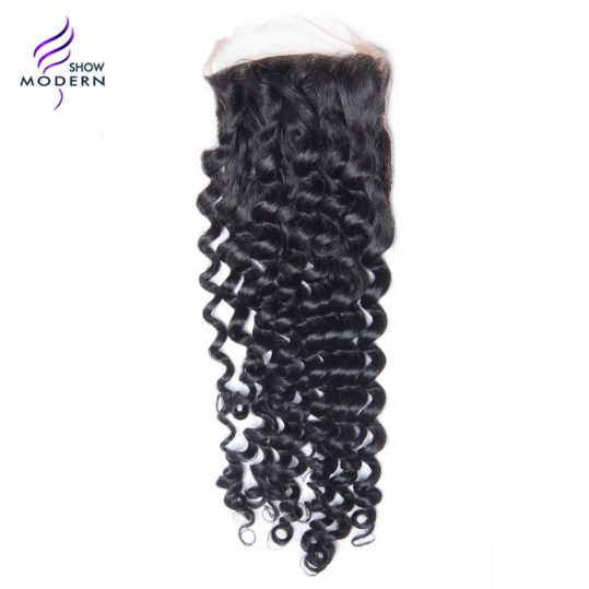 Modern Show Curly Hair Remy Hair Free Part Lace Closure Swiss Lave 100% Human Hair Natural Black 1B Free Shipping