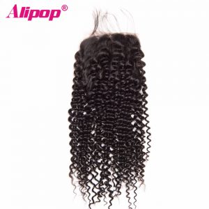 ALIPOP Brazilian Kinky Curly Lace Closure With Baby Hair Remy Hair ExtensionS 8"-24" Swiss Lace Human Hair Closure 4*4 Size