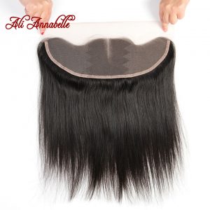 ALI ANNABELLE Brazilian Straight Lace Frontal 13X4 Ear To Ear Middle Part Remy Brazilian Human Hair Lace Closure Natural Black