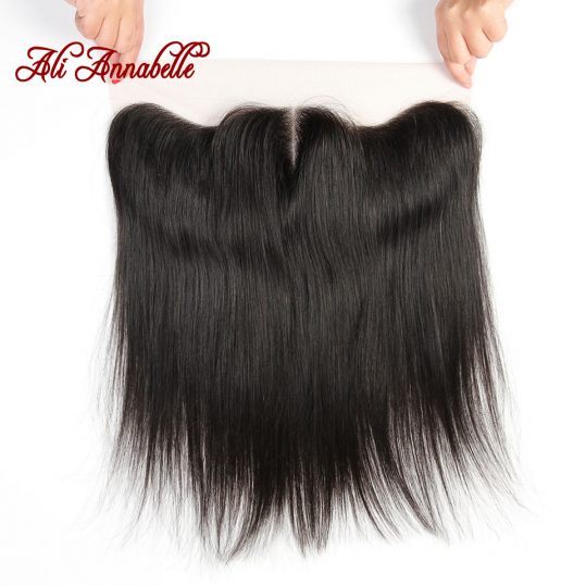 ALI ANNABELLE Brazilian Straight Lace Frontal 13X4 Ear To Ear Middle Part Remy Brazilian Human Hair Lace Closure Natural Black