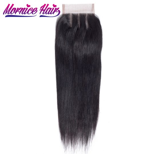 Pre-Plunked Straight Hair Closure 4X4 Three Part Lace Closure Bleached Knots Mornice Non Remy Hair Extensions 100% Human Hair