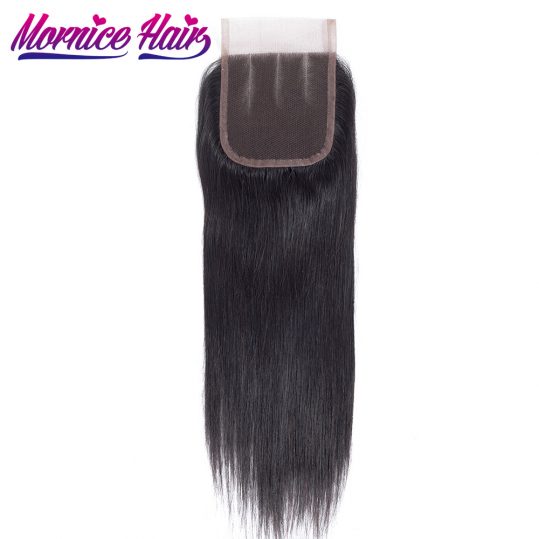 Pre-Plunked Straight Hair Closure 4X4 Three Part Lace Closure Bleached Knots Mornice Non Remy Hair Extensions 100% Human Hair