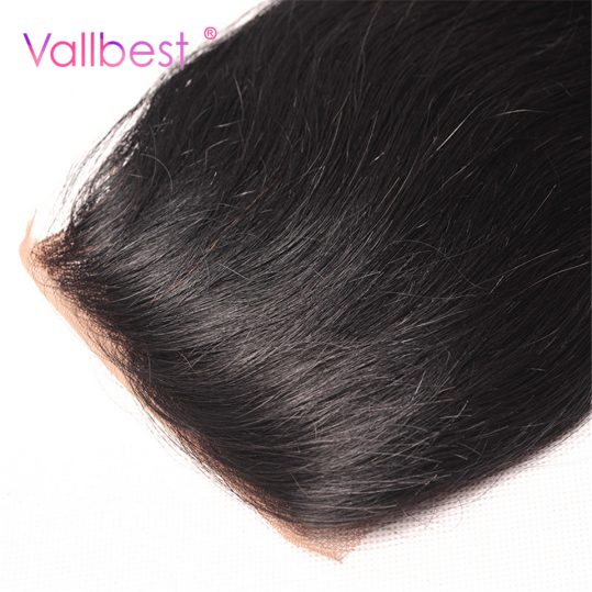 Vallbest 100% Human Hair Straight With Lace Closure 4X4 Natural Black 1B Free Part Knots Blenched Non Remy Hair 120% Density