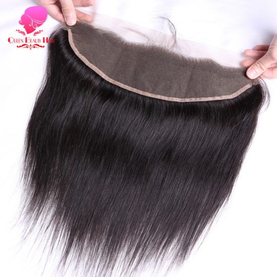QUEEN BEAUTY HAIR Brazilian Remy Hair Straight Lace Frontal Closure 13X4 with Baby Hair Free Part Natural Color Human Hair