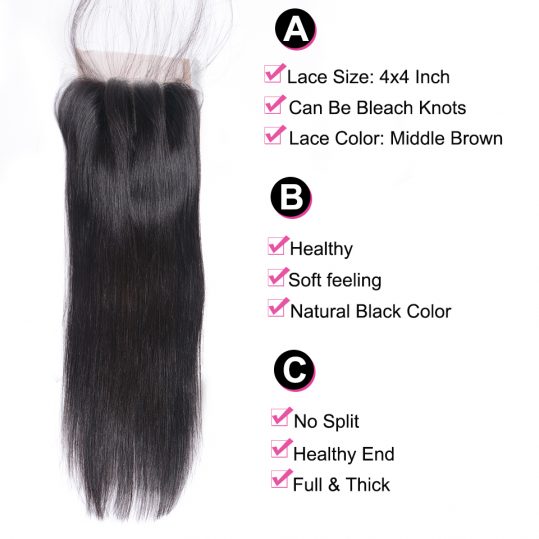 Beauty Grace Brazilian Straight Lace Closure With Baby Hair 4x4 100% Remy Human Hair Three Part Top Closures