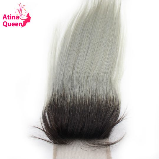 Atina Queen 1B Grey Straight 4*4 Lace Closure With Baby Hair Dark Roots Gray Color non Remy Brazilian Ombre Human Hair Closures