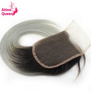 Atina Queen 1B Grey Straight 4*4 Lace Closure With Baby Hair Dark Roots Gray Color non Remy Brazilian Ombre Human Hair Closures