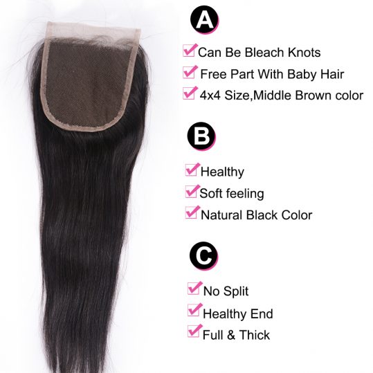 Beauty Grace Brazilian Straight Lace Closure With Baby Hair 4x4 100% Remy Human Hair Free Part Top Closures