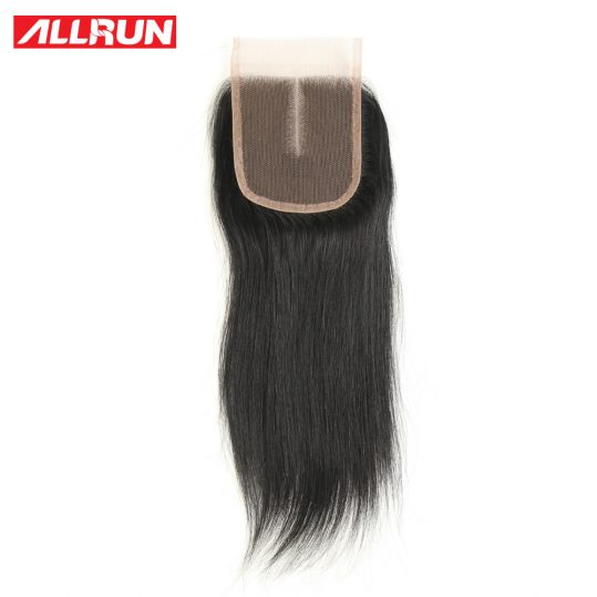 Allrun Middle Part 4*4 Lace Closure Brazilian Hair Straight Human Hair Extensions Non Remy Natural Color 130% Density Closure